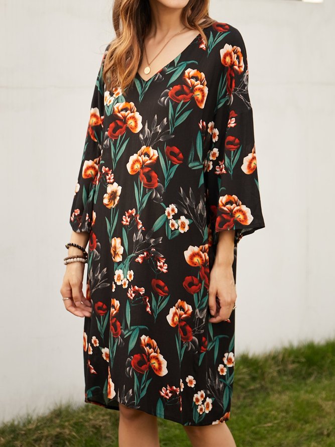 Robe Florale à Panneaux à Manches 3/4 et à Col V
