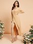 Robes Plain Hiver Élégant Polyester Col croisé Naturel Micro-Élasticité Coupe Régulière Long pour Femmes