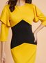 Robes Color Block Automne Elé Micro-élasticité Navette Mi-Longue Col Ras Du Cou Jupe Hanche Régulière pour Femme