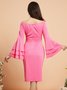 Robes Plaine Automne Elé Polyester Naturel Fête Serré Manches Longues Épaule Froide pour Femme