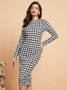 Robes Pied-de-poule Hiver Élégant Polyester Quotidien Long Manches Longues Col Rond S-ligne pour Femmes