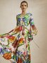 Robes Floral Printemps / Automne Vacances Polyester Col V Taille Haute Coupe Régulière Maxi Ligne X pour Femmes