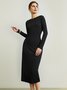 Robes Plaine Simple Automne Haute Élasticité Quotidien Longue Robe T-Shirt en Coton Mélangé S-Line pour Femme