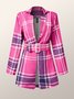 Femmes Tartan Automne Urbain Polyester Faire la navette Manches Longues Mi-long Droit Régulier Blazer