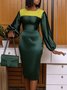 Robes Bloc de Couleur Automne Elé Taille Haute Micro-élasticité Midi Manches Longues Col Ras du Cou Normal pour Femme
