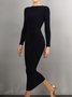 Robes Plaine Simple Automne Haute Élasticité Quotidien Longue Robe T-Shirt en Coton Mélangé S-Line pour Femme