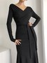 Robes Plain Automne Élégant Col croisé Naturel à Haute Élasticité Coton-Mélange T-Robe Chemise x-Ligne pour Femmes