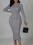 Robes Pied-de-poule Hiver Élégant Polyester Quotidien Long Manches Longues Col Rond S-ligne pour Femmes