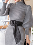 Robes Plain Hiver Élégant Polyester Naturel à Haute Élasticité Quotidien Long Col Roulé pour Femmes