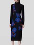 Robes Floral Hiver Élégant Coupe Régulière Mi-longue 1 * robe Manches Longues H-ligne Tunique pour Femmes