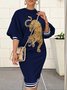 Robes Motif Léopard Automne Urbain Ample Faire la navette Mi-longue Col Rond H-ligne Régulier pour Femmes