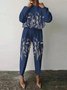 Ensembles de Deux Pièces Femmes Simple Printemps Plantes Quotidien Ample Taille Moyenne Manches Longues Col Rond Top Avec Pantalons