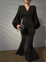 Mariage Robe & Fête Robe Plain Printemps Élégant Col V Micro-Élasticité Fête Long Manches Longues Jupe hanche pour Femmes