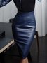 Jupe Femmes Plain Hiver Urbain PU Zip Micro-Élasticité Coupe Régulière H-ligne Régulier