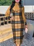 Robes Plaid Printemps Urbain Micro-Élasticité Quotidien Mi-longue Manches Longues S-ligne Robe Chemise pour Femmes