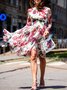 Robes Floral Printemps Vacances Taille Haute Micro-Élasticité Coupe Régulière Manches Longues Col Rond Régulier pour Femmes