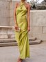 Mariage Robe & Fête Robe Plain Printemps Urbain Satin Attaché au Cou Naturel Micro-Élasticité Long Sans Manches pour Femmes