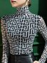 T-shirt Géométrique Printemps Urbain Polyester Faire la navette Manches Longues Col Roulé Régulier Ligne T pour Femmes