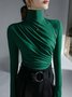 T-shirt Femmes Plain Printemps Urbain Polyester Froncé Micro-élasticité Faire la navette Col Roulé Régulier