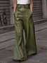 Cuir Pantalons Décontracté Plain Automne Micro-élasticité Coupe Régulière Pantalons à Jambe Large Long Trapèze Poche Couture pour Femmes