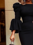 Robes Plain Printemps / Automne Élégant Plissé Serré Faire la navette Mi-longue Manches trois quarts À Épaules Dénudées pour Femmes