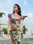 Robes Floral Été Élégant Polyester Col V Serré Mancheron Régulier Non pour Femmes