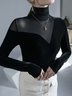 T-Chemise Plain Hiver Élégant Polyester à Haute Élasticité Quotidien Manches Longues Col Roulé H-ligne pour Femmes