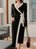 Robes Femmes Bloc de Couleur Hiver Élégant Col V Naturel à Haute Élasticité Faire la navette Mi-longue Régulier