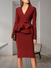 Mariage Robe & Fête Robe Plain Printemps Élégant Polyester Col V Mariage Coupe Régulière Manches Longues S-ligne pour Femmes