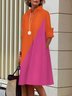 Robes Bloc de Couleur Automne Urbain Quotidien Midi Manches Longues Coton Mélangé A-Line Robe Chemise pour Femme