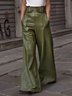 Cuir Pantalons Décontracté Plain Automne Micro-élasticité Coupe Régulière Pantalons à Jambe Large Long Trapèze Poche Couture pour Femmes