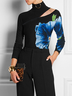 T-shirts Floral Printemps / Automne Urbain Polyester à Haute Élasticité Évidé Serré Régulier Régulier pour Femmes